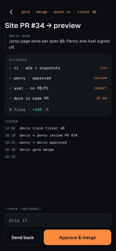 One gate on a phone: evidence, ledger, approve