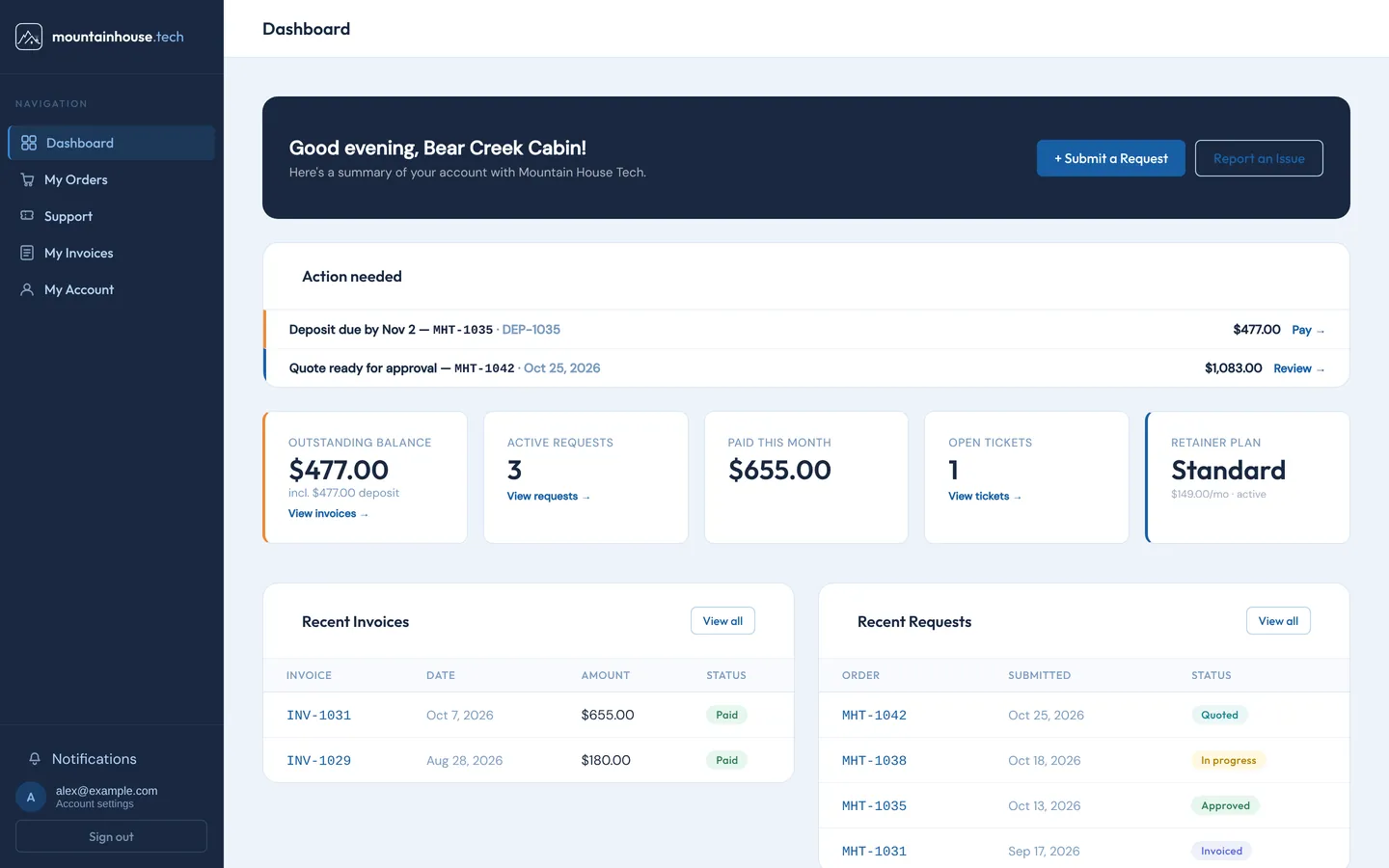 Customer dashboard on desktop: projects, quotes and invoices for a demo cabin